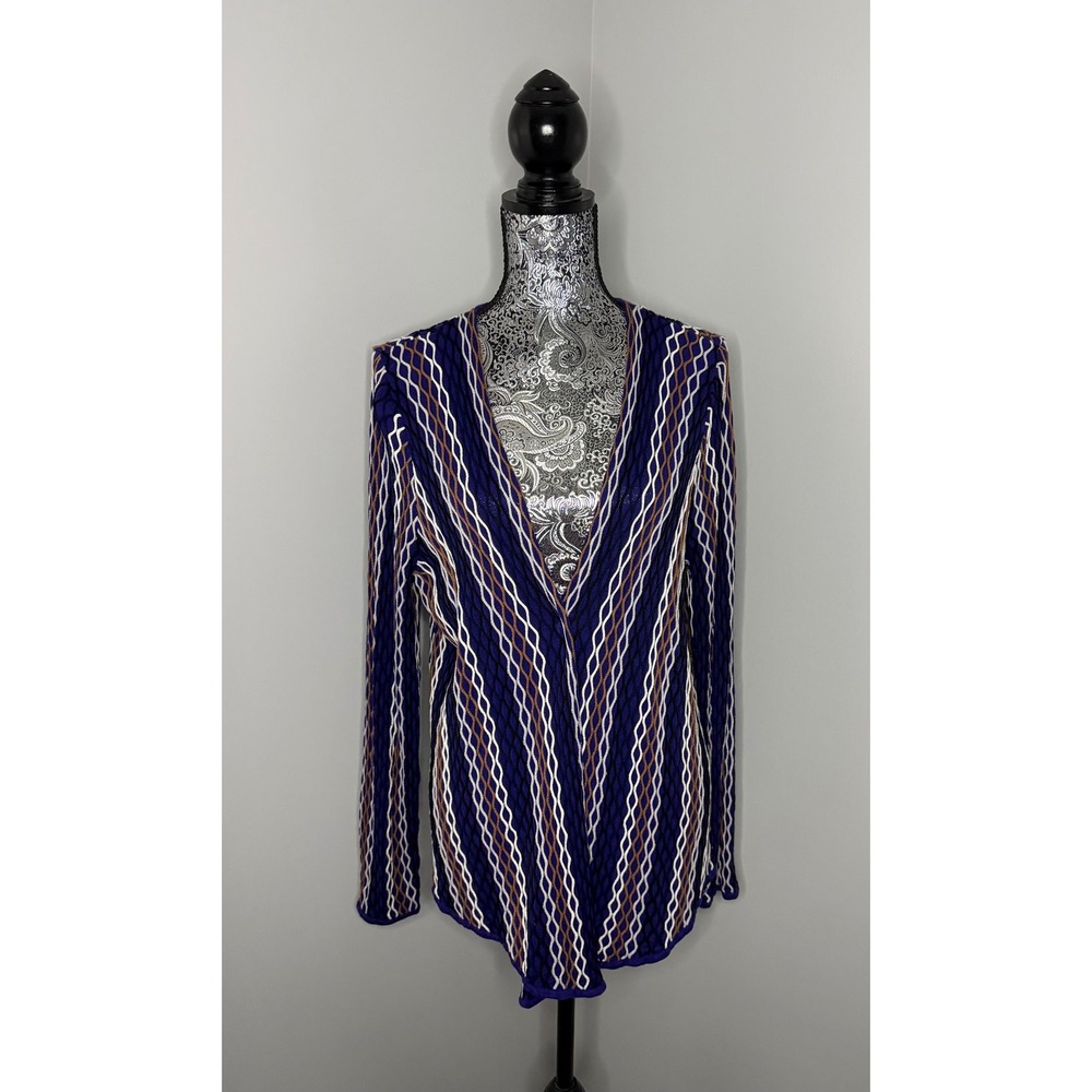 NIC+ZOE Blue Wavy Stripe Textured Knit Open Front Draped Cardigan Women's XL